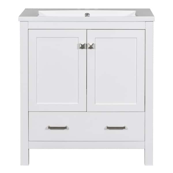 Ami 30 in. W White Freestanding With White Resin Top Bathroom Vanity Cabinet With 1 Partitioned Drawer