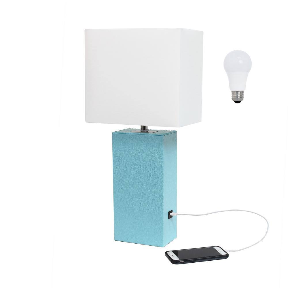21 in. Aqua Modern Leather Wrapped Table Lamp with USB Port, with LED Bulb 