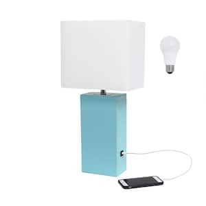 21 in. Aqua Modern Leather Wrapped Table Lamp with USB Port, with LED Bulb Included