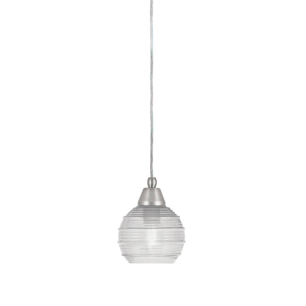 Bryson 6 in. 1-Light Brushed Nickel Cord Pendant Light with 6 in. Clear Rib
