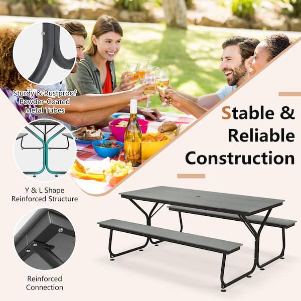 WELLFOR 72 in. Gray Rectangle HDPE and Metal Picnic Tables for 6