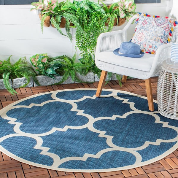 Courtyard Navy/Beige 8 ft. x 8 ft. Round Geometric Indoor/Outdoor Patio  Area Rug