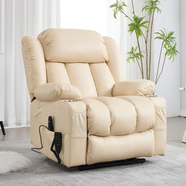 Beige Elegant Dual Motor Faux Leather Power Lift Recliner Chair with Massage and Heating, Cup Holders