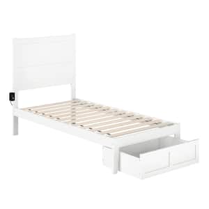 NoHo White Twin Solid Wood Storage Platform Bed with Foot Drawer and Attachable USB Charger