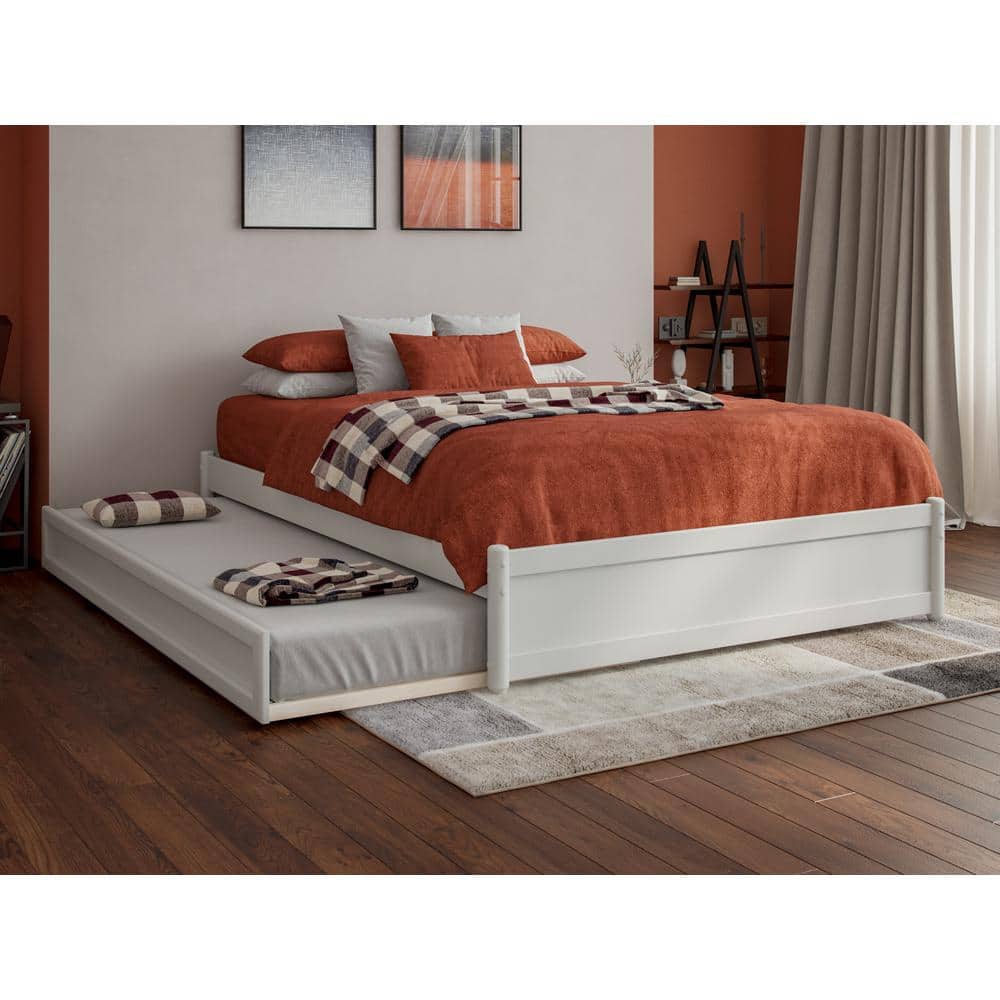 Barcelona White Full Wood Platform Bed with Twin Trundle