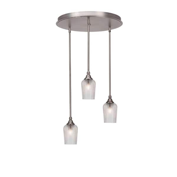 Unbranded Villa 3 Light Brushed Nickel, Cluster Pendant Light with 5 in. Clear Textured Glass Shades, No Bulbs Included