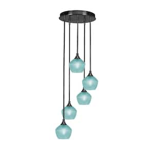 Villa 15.25 in. 5-Light Matte Black Cluster Pendant Light with 6 in. Turquoise Textured Glass Shades, no bulbs included