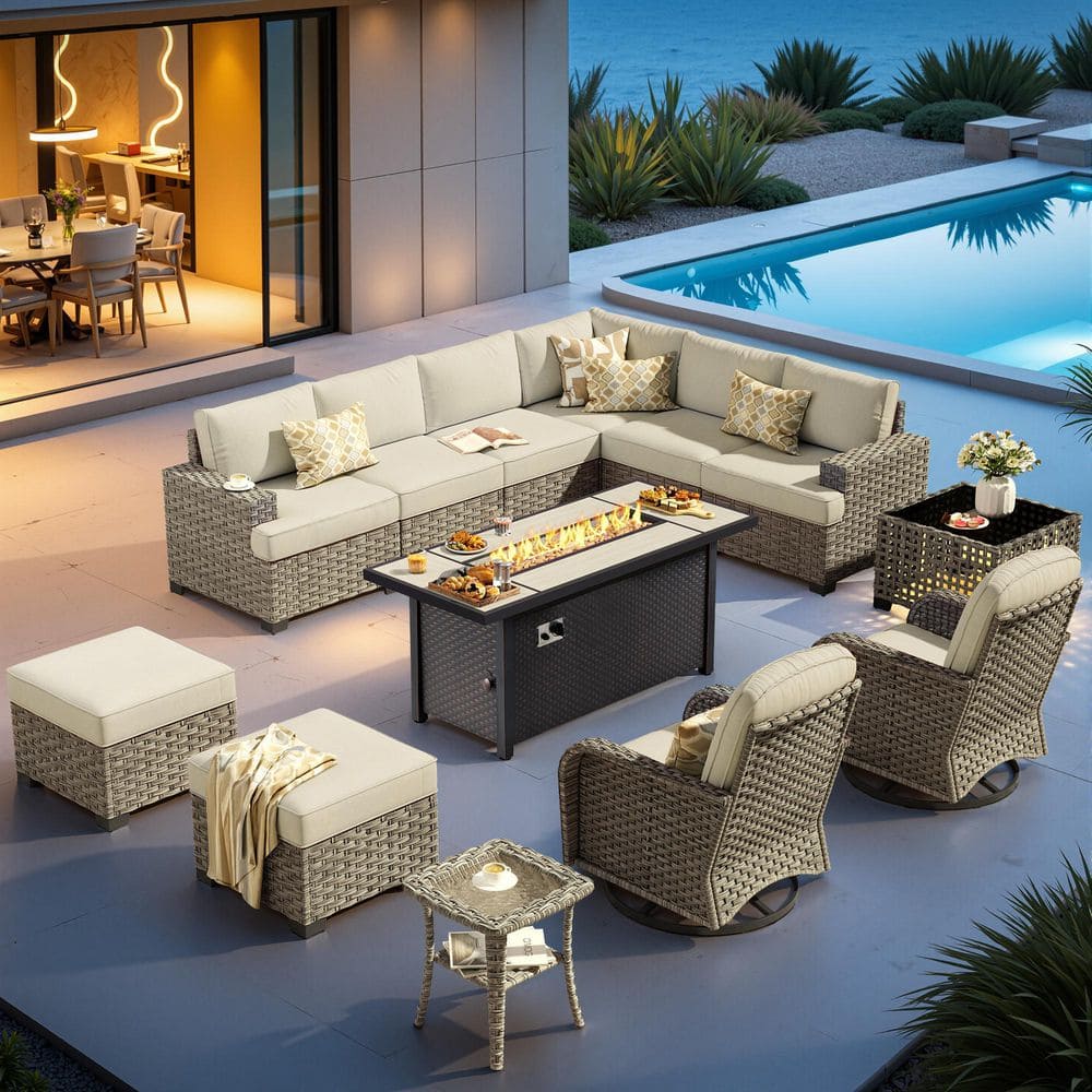 Epoch 13 Pieces Wicker Outdoor Patio 54 in. Rectangular Fire Pit Set and Swivel Rocking Chairs with Gray Cushions price history on PriceWatchPro