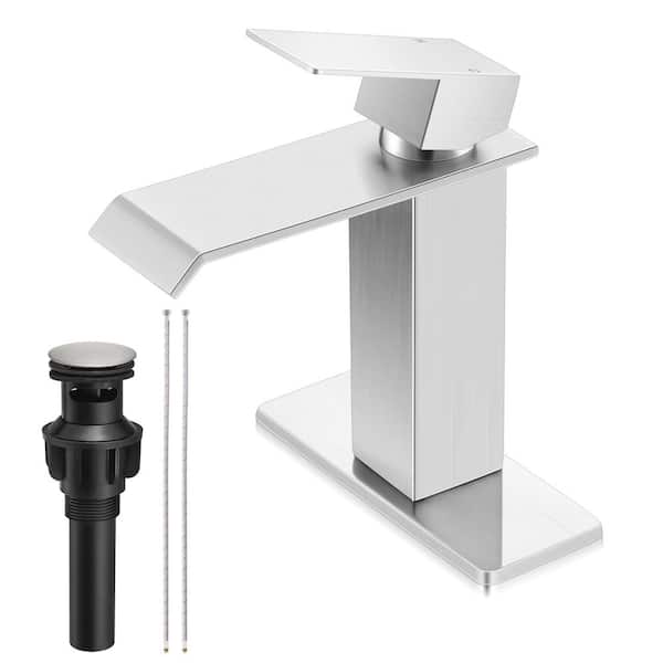 Single Handle Waterfall Spout Single Hole Bathroom Sink Faucet with Pop-up Drain and Touch on in Brushed Nickel