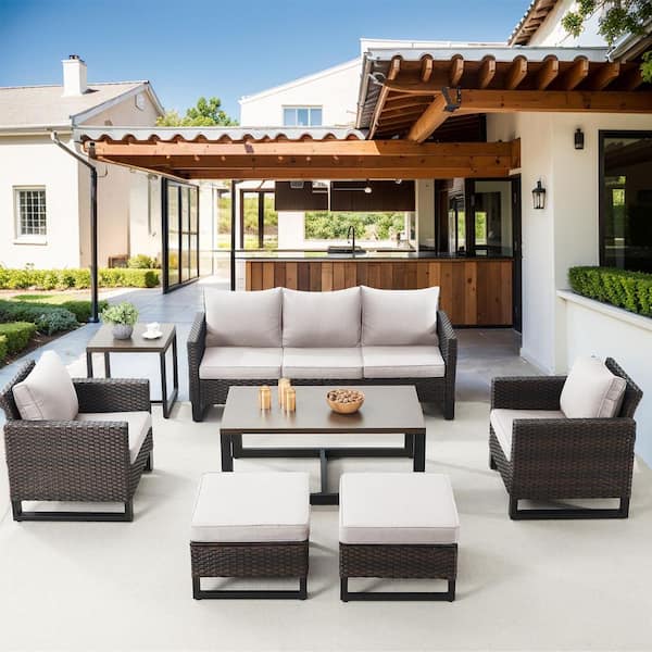 Gymojoy Valenta Brown 7-Piece Wicker Patio Conversation Seating Set with Beige Cushions