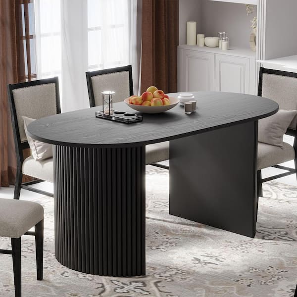 Oval Black Wood 67 in. W Double Pedestal Dining Table Seats-6