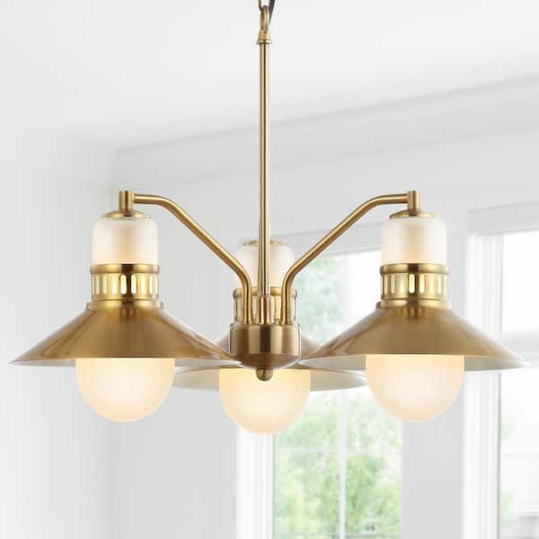JONATHAN Y Colin 3-Light 22 in. Adjustable Iron/Glass Retro Hurricane LED Chandelier, Brass Gold