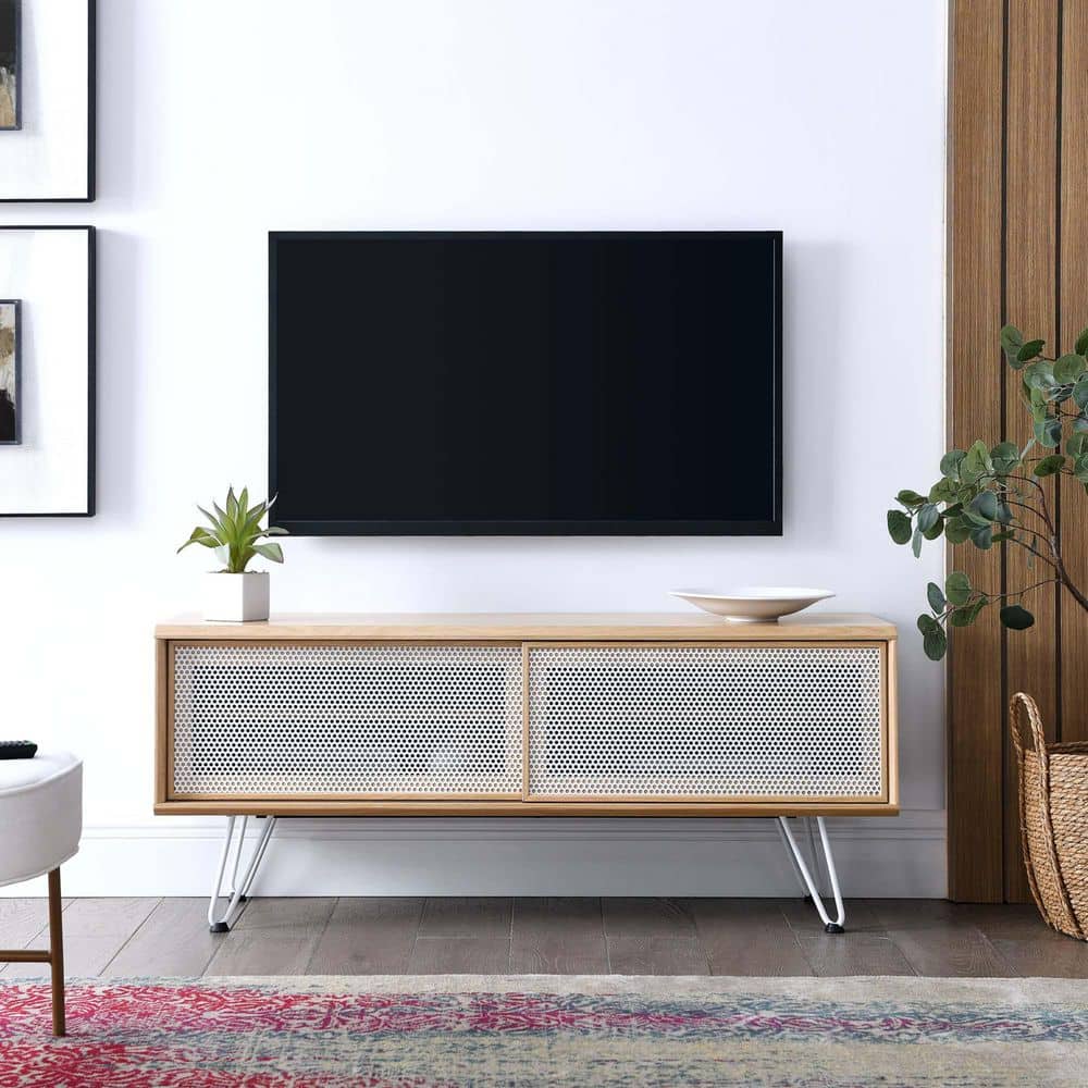 Nomad Oak Wood Grain Laminate TV Stand with White Mesh Doors