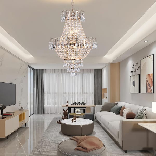 4 Light Gold Crystal Chandeliers, Large Contemporary Luxury Ceiling Lighting for Living Room Dining Room Bedroom Hallway