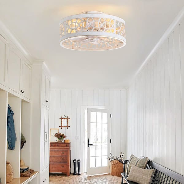16.5 in. Indoor White/Gold Caged Flush Mount Ceiling Fan with Metal Light Kit and Remote Control Included
