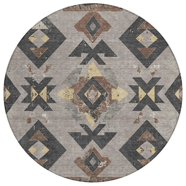 Chantille Machine Washable Indoor/Outdoor Abstract ACN1882 Taupe 8 ft. x 8 ft. Round Rug
