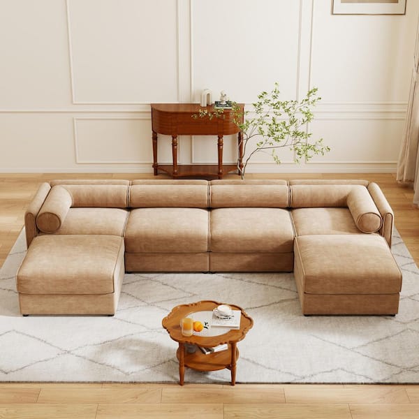 aisword 142.5 in. Cylindrica Design Modern Modular Chenille 4-Seater Modular Sectional Sofa in Camel with 2-Ottomans