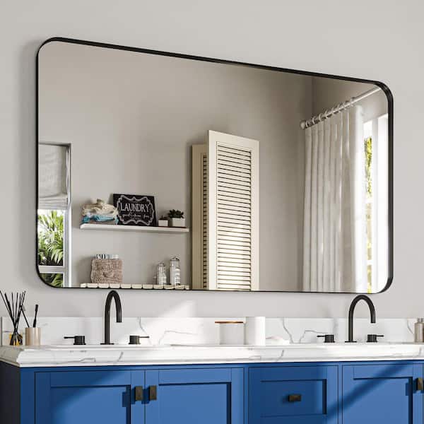 60 in. W x 36 in. H Rectangular Aluminum Framed Wall Bathroom Vanity Mirror in Black