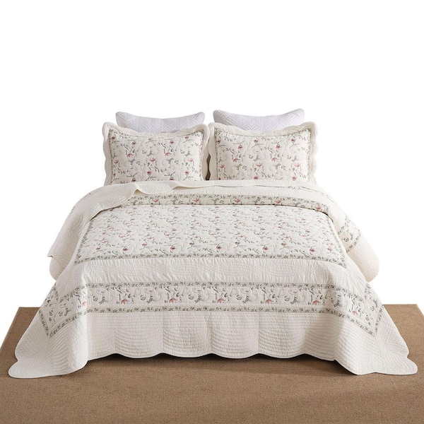 TC13500 3-Pieces Embroidery Delicate Floral Queen Size Cotton Quilt Bedspread Set