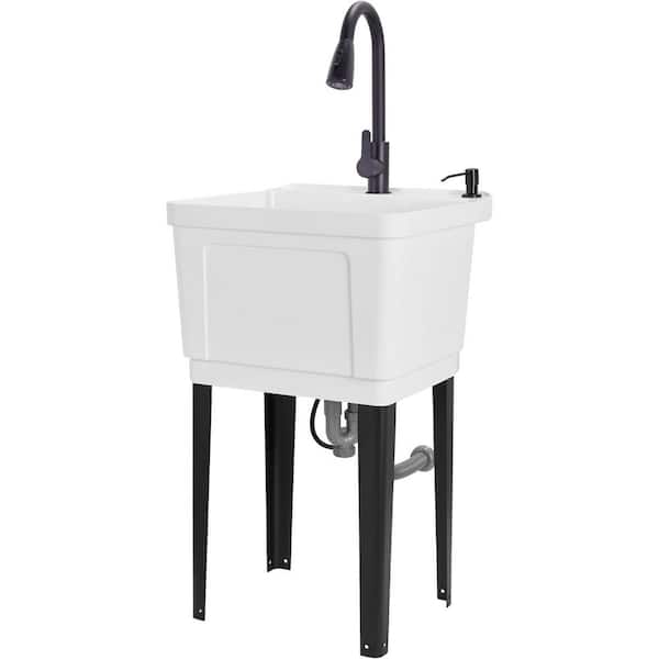 JUMBL Freestanding Utility Sink with Pull-Down Faucet, Laundry Room Sink with Gooseneck Sprayer and More - White