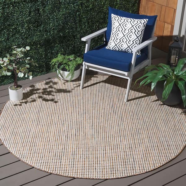 Courtyard Ivory Gray/Rust 7 ft. x 7 ft. Woven Geometric Indoor/Outdoor Round Area Rug