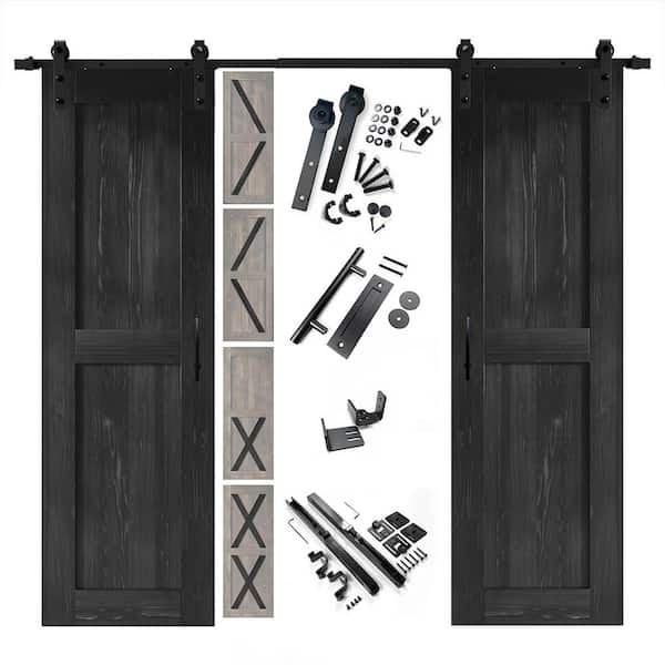 HOMACER 30 in. x 80 in. 5-in-1 Design Black Double Pine Wood Interior Sliding Barn Door with Hardware Kit, Non-Bypass
