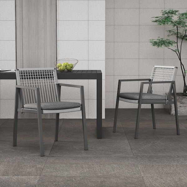 Unbranded Aluminum Outdoor Dining Chair (Set of 2), Outdoor Armchair Seating with Gray Cushion for Patio Backyard Poolside Balcony