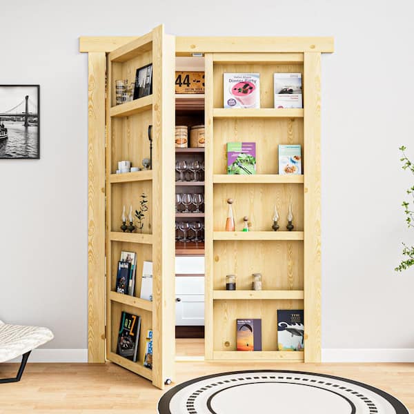 56 in. x 80 in. Assembled Universal/Reversible Solid Core Unfinished Wood 4-Shelf Flush Mount Hidden Bookcase Door