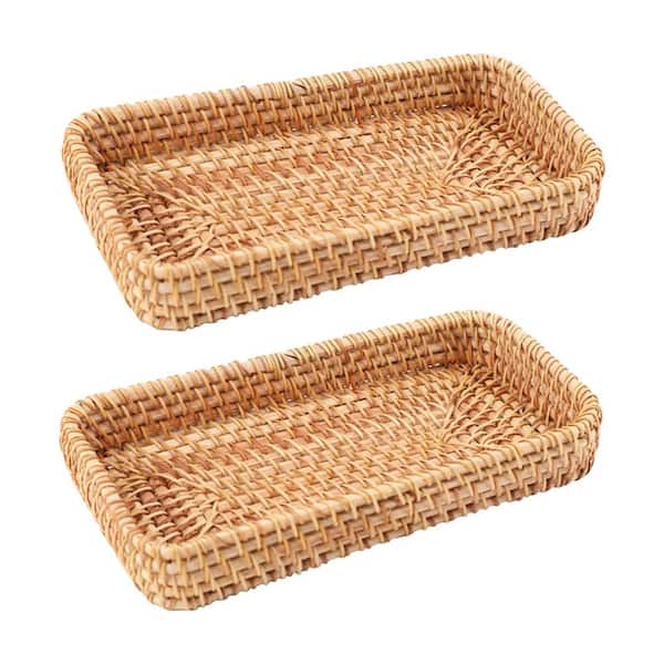 Handwoven Rattan Rectangular Storage Basket Tray for Serving, Organizing, and Countertop Display, 2-Pack