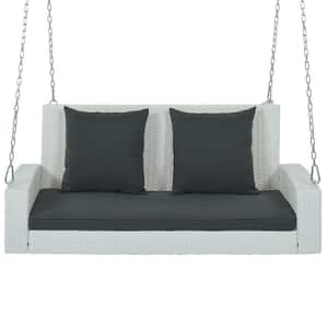 50 in. 2-Person White Wicker Hanging Porch Swing Bench w/ Gray Cushions, Chains and Pillow for Garden, Backyard or Pond