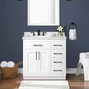 Athea 36 in. W x 22 in. D x 34 in. H Single Sink Bath Vanity in White with White Engineered Marble Top with Outlet