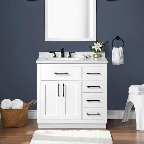 OVE Decors Athea 36 in. W x 22 in. D x 34 in. H Single Sink Bath Vanity in White with White Engineered Marble Top with Outlet