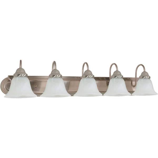 SATCO 5-Light Brushed Nickel Vanity Light with Alabaster Glass Bell Shade