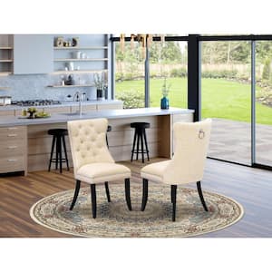 Wire brushed Black, Parson Chairs-Light Beige Linen Fabric Padded Dining Chairs (Set of 2)