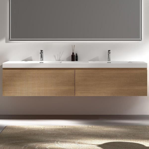 72 in. W Double Sink Natural Oak Floating Bath Vanity with White Solid Surface Top