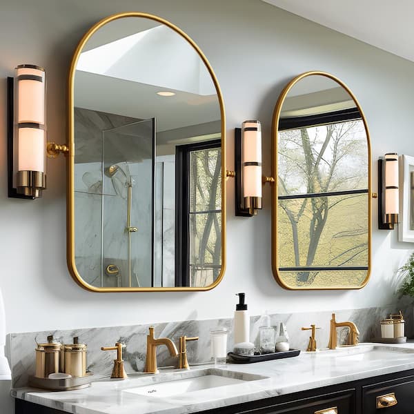 24 in. W x 35 in. H Arched Metal Framed Pivoted Bathroom Wall Vanity Mirror Round Corners in Gold, (Set of 2)