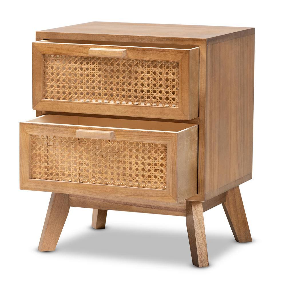 Walnut Brown Retro-Inspired 2-Drawer Rattan End Table