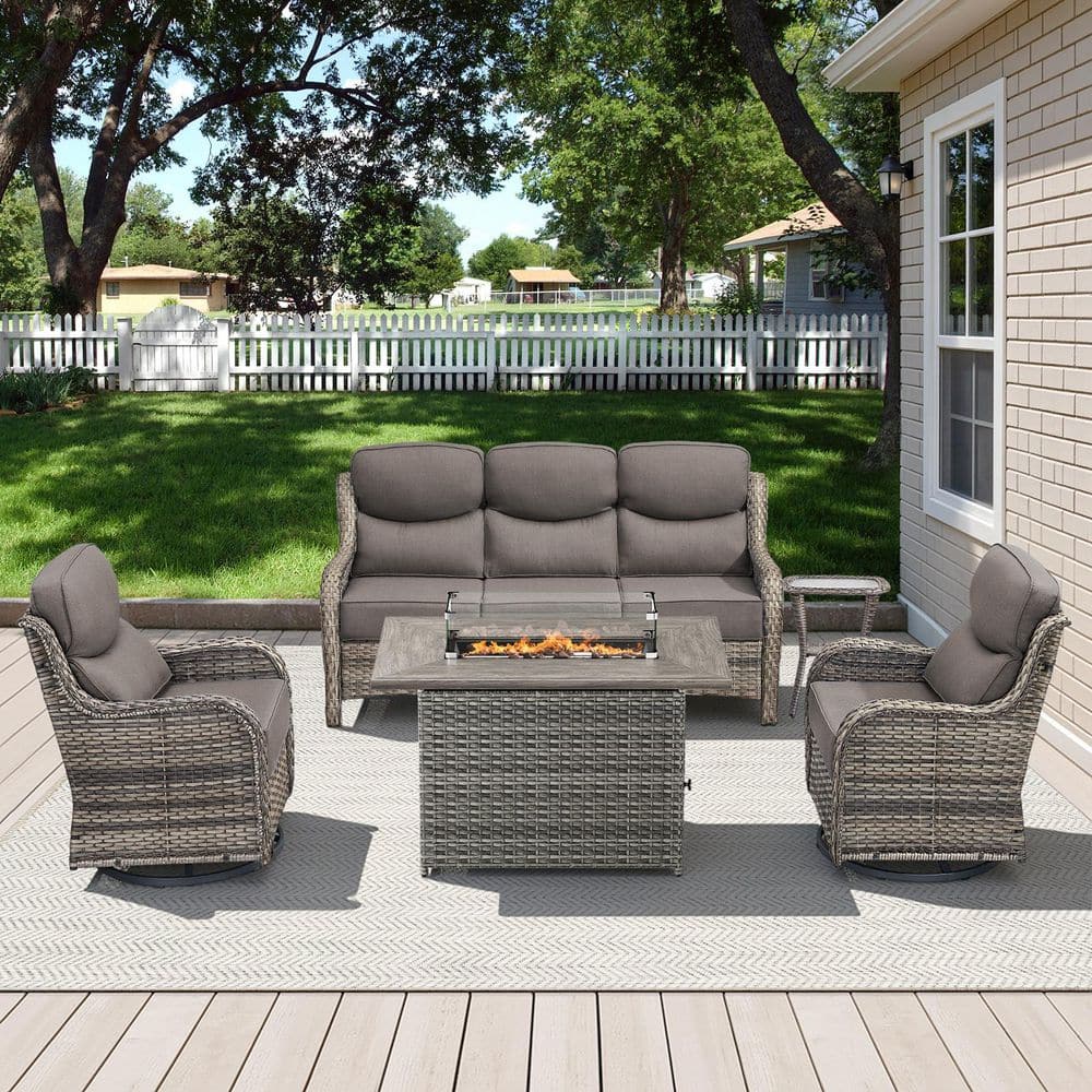 Arcadia Gray 5-Piece Wicker Outdoor Patio Fire Pit Deep Seating Set with 6 in. Thick Gray Cushions price history on PriceWatchPro