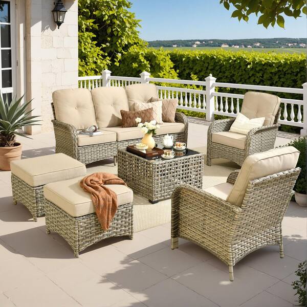 Gerbera A 6-Piece Wicker Patio Conversation Seating Set with Solar Lighted Coffee Table and Beige Cushions