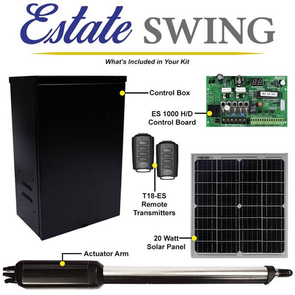 Estate Swing Single Swing Gate Opener Kit with 20Watt Solar Panel ES