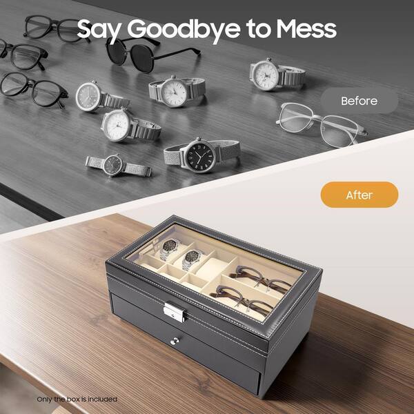 YIYIBYUS Black Leather 6-Watch and 9-Piece Eyeglasses Storage