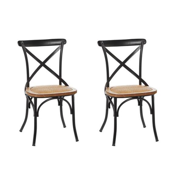 Black Metal Dining Chair with Brown Rattan Seat (Set of 2)