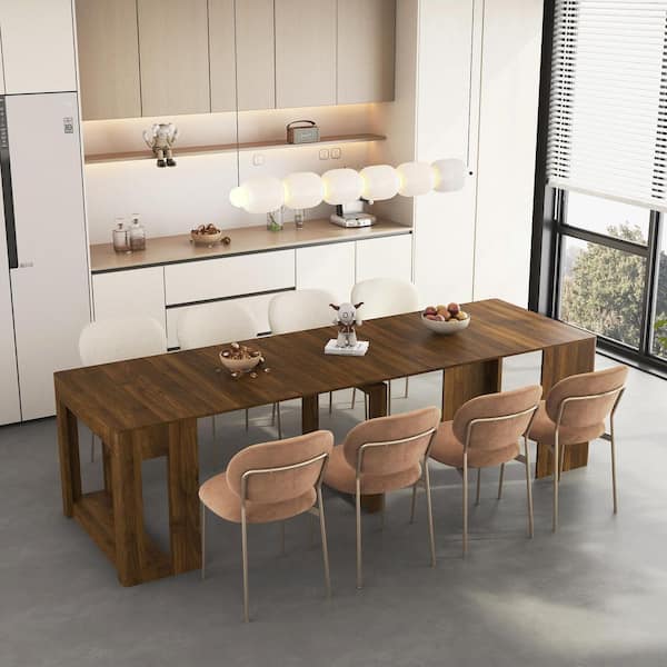 Stonevale Modern Brown MDF Wood Top Rectangle Double Pedestal Extendable Foldable Dining Table, (Seats 10)