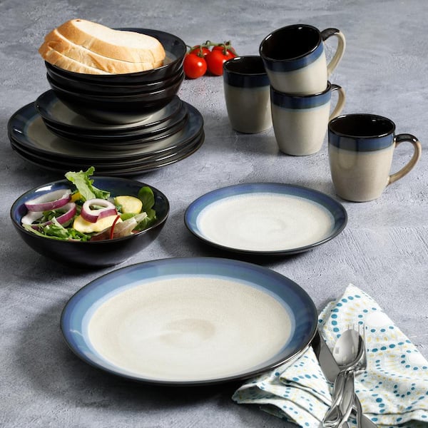 Service for Four 16pcs Blue and Cream Gibson Elite Couture Bands Round Reactive Glaze Stoneware Dinnerware Set