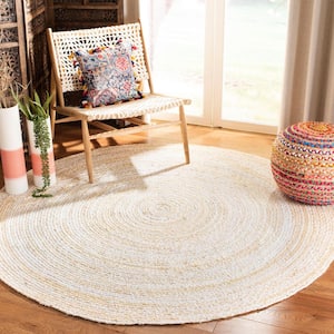 Braided Beige 10 ft. x 10 ft. Solid Color Striped Round Area Rug