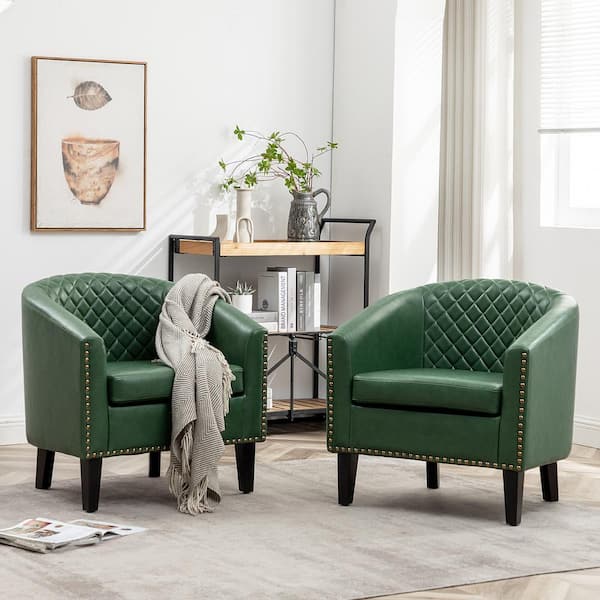 KINWELL Green Tufted Faux Leather Small Club Bar Barrel Chair Set of 2 with Nailhead Trim