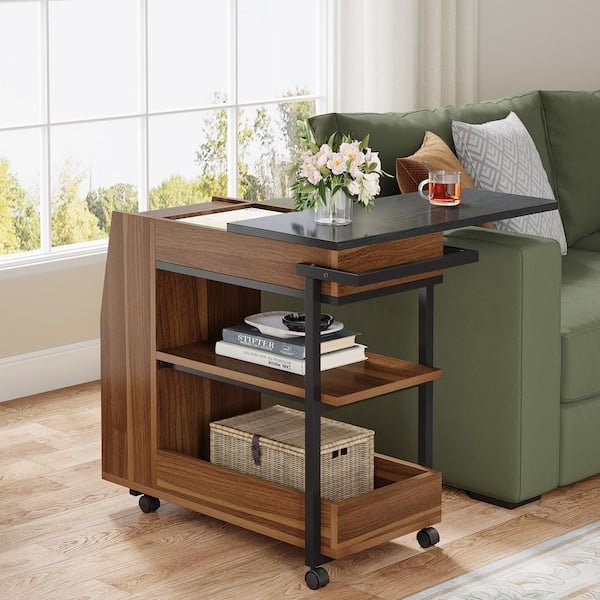 BYBLIGHT Kerlin 34.65 in. Brown and Black Rectangle Wood End Side Table with 3-Tier Shelves Magazine Drink Holder for Small Space