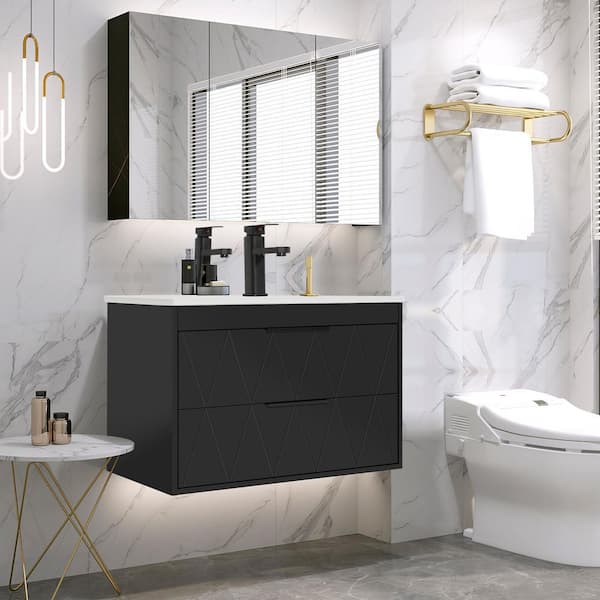 30 in. W x 18.1 in. D x 18.1 in. H Single Sink Floating Black Bath Vanity with White Resin Top and Drain Faucet Set