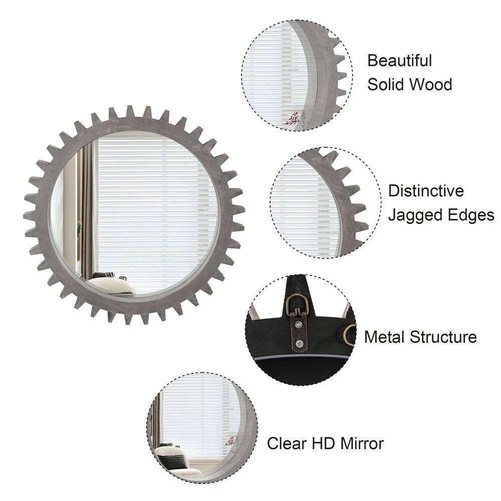 Antiqued White Distressed Wood Round Gear-Shaped Mirror 34" x 34"
