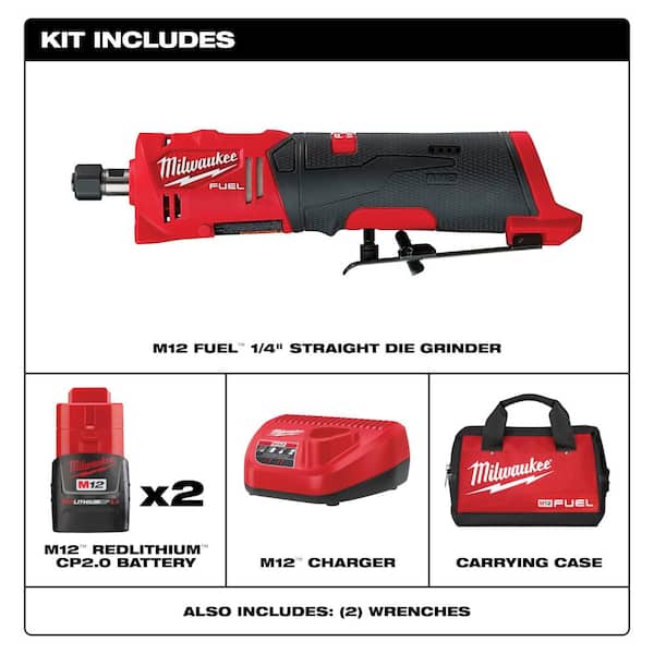 M12 FUEL 12V Lithium-Ion Brushless Cordless 1/4 in. Straight Die Grinder Kit with Two 2.0 Ah Batteries and Fan